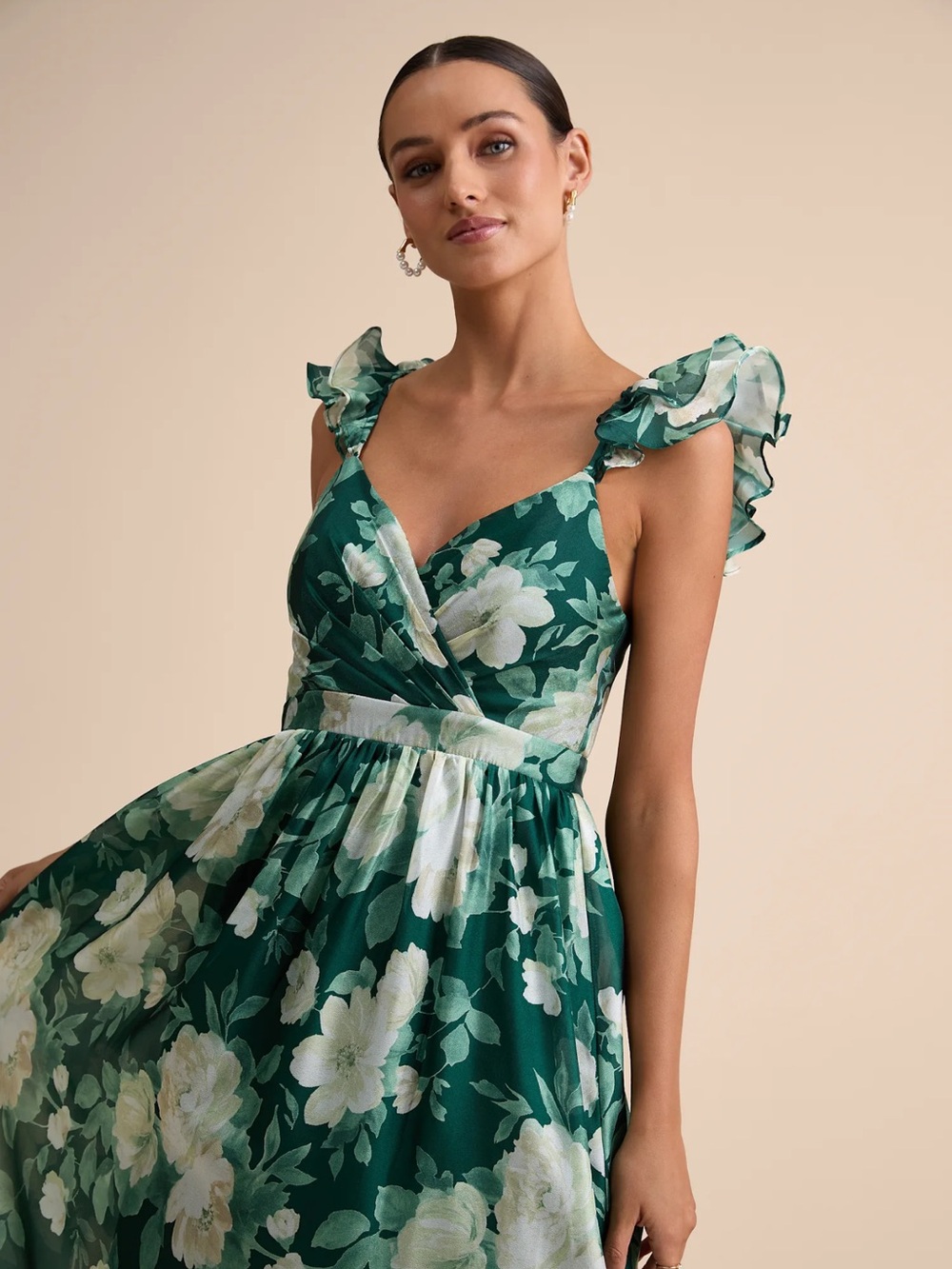 Lulus Floral Maxi Dress Green White Ruffle Strap Empire Waist Size L NWT - Picture 10 of 13